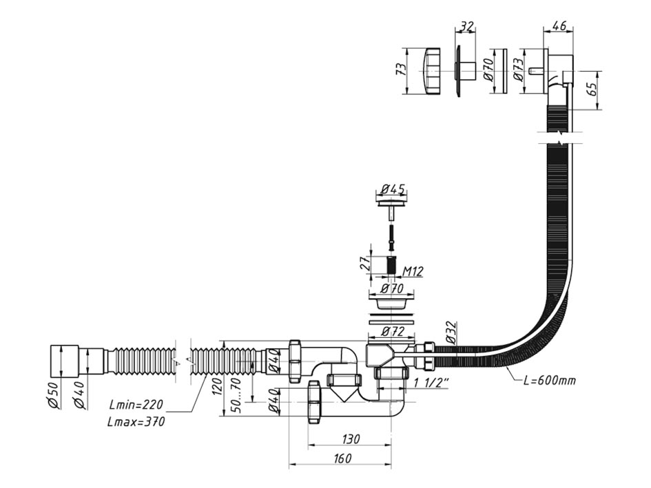 Сифон для ванны 1 1/2 40 регулир.с переливом и гибкой трубой - полуавтоват    ORIO