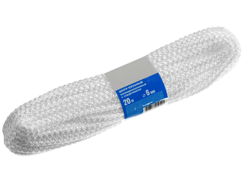 Шнур 6мм 20м вязаный полипр.с серд.белый    СИРБТЕХ