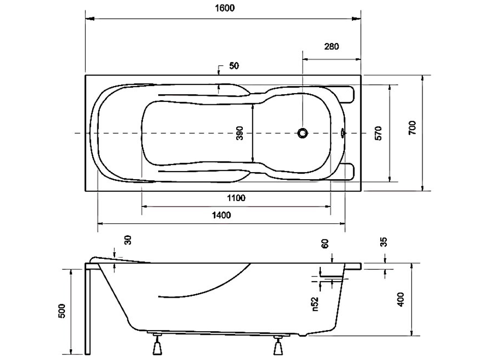 Ванна 160*70 прямая акрил MAJKA  PIRAMIDA