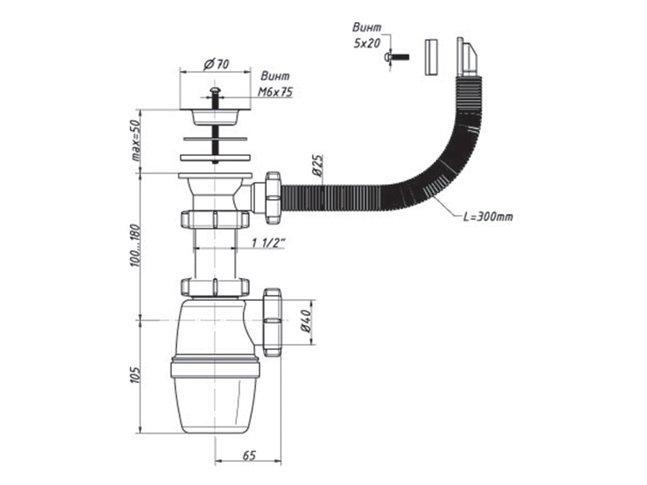 Сифон бутылочный 1 1/2 40 с прямоугольным переливом   ORIO