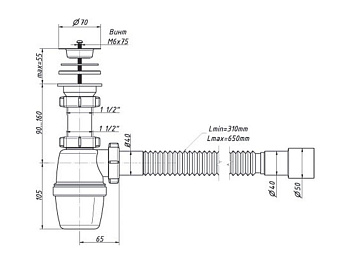 Сифон бутылочный 1 1/2 40 разборное с гибкой трубой 40/50    ORIO